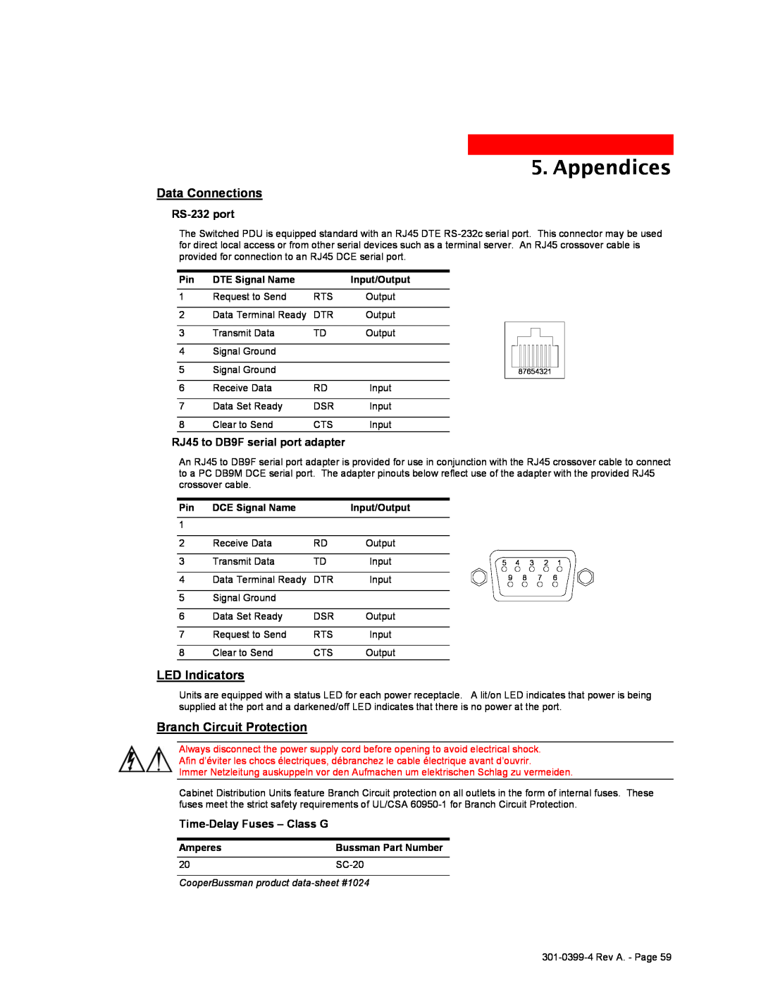 MGE UPS Systems Switched PDU Data Connections, LED Indicators, Branch Circuit Protection, Appendices, RS-232 port 