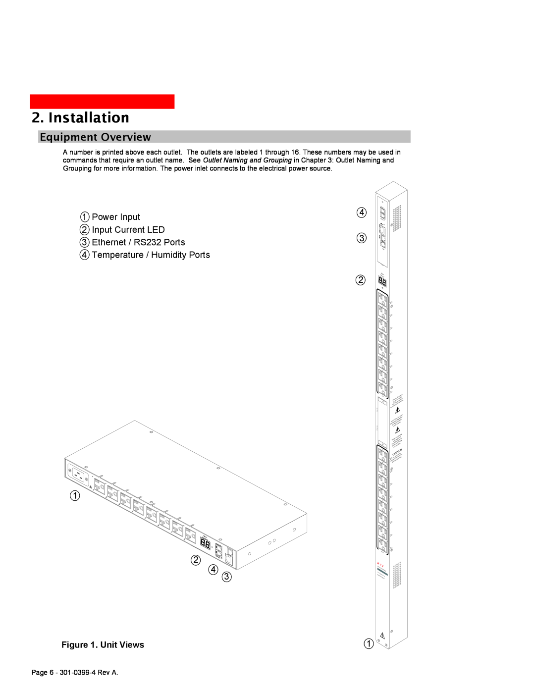 MGE UPS Systems Switched PDU user manual Equipment Overview, Unit Views, Installation, Temperature / Humidity Ports 