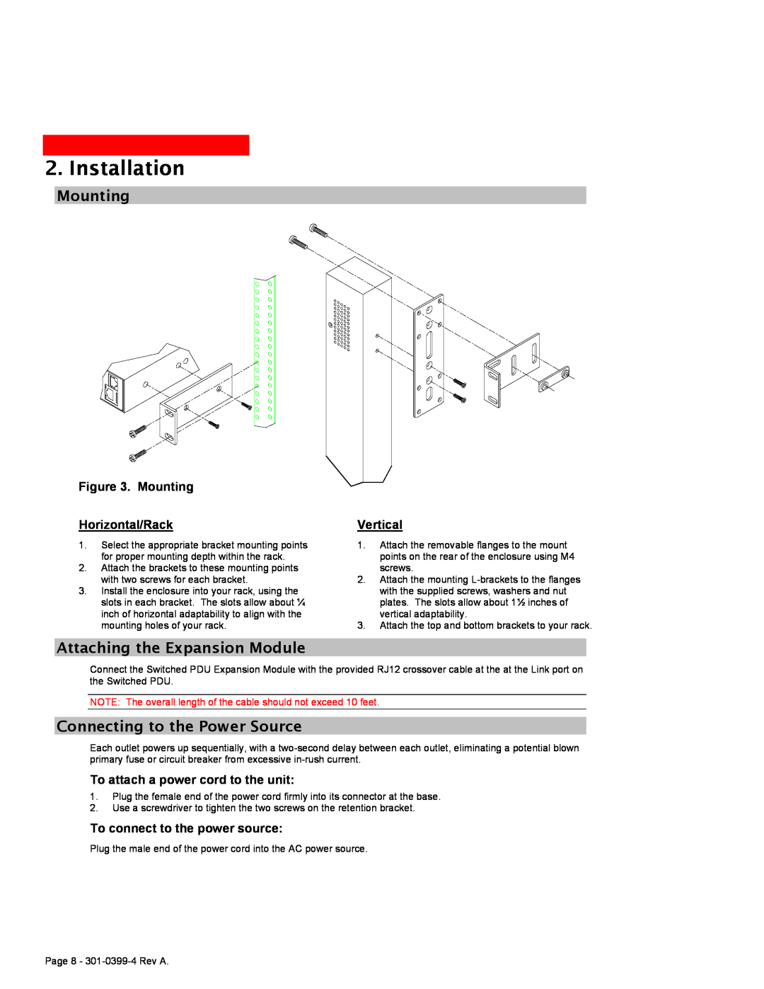 MGE UPS Systems Switched PDU user manual Mounting, Attaching the Expansion Module, Connecting to the Power Source, Vertical 