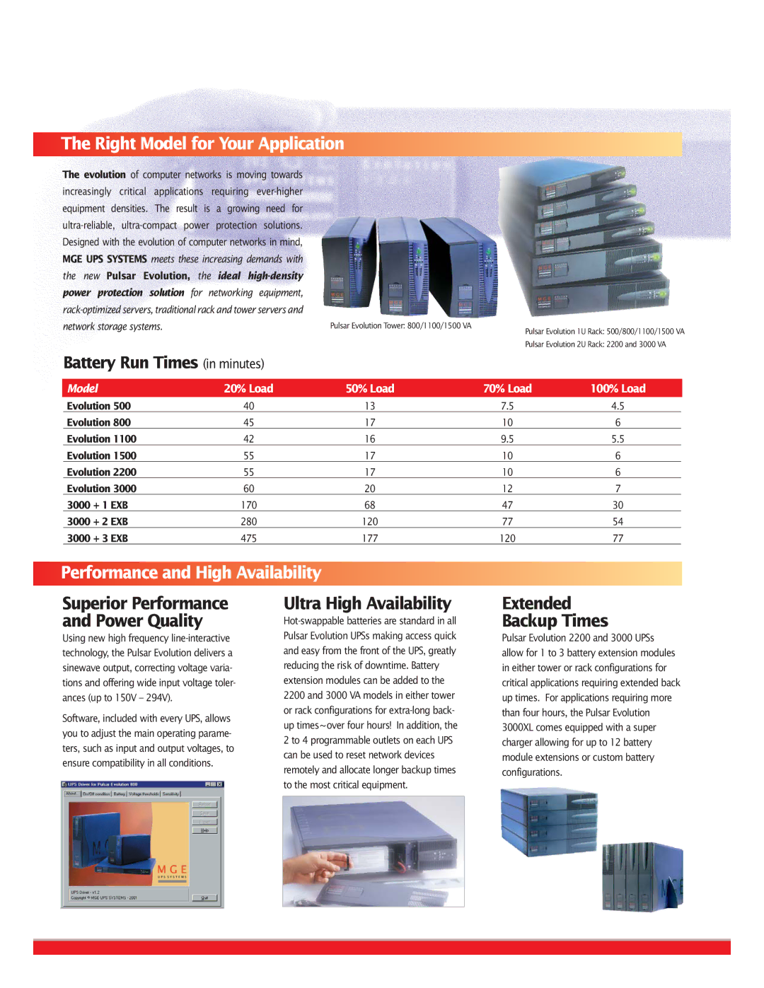 MGE UPS Systems Uninterruptible Power Provider manual Right Model for Your Application, Battery Run Times in minutes 