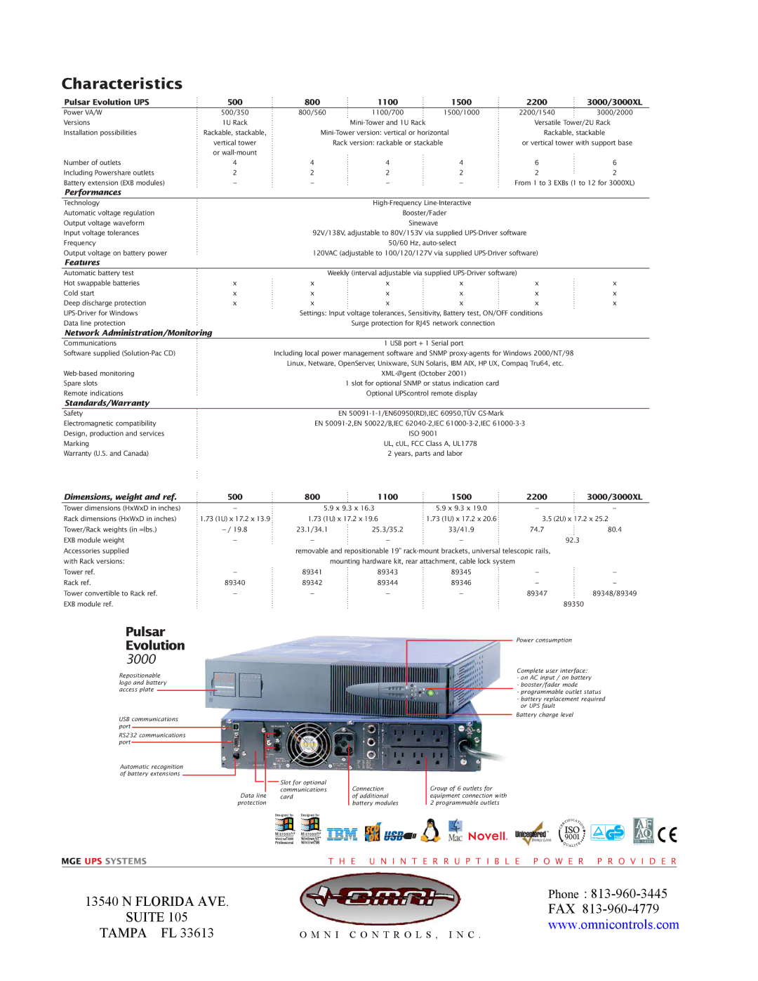 MGE UPS Systems Uninterruptible Power Provider manual Characteristics, Pulsar Evolution UPS 