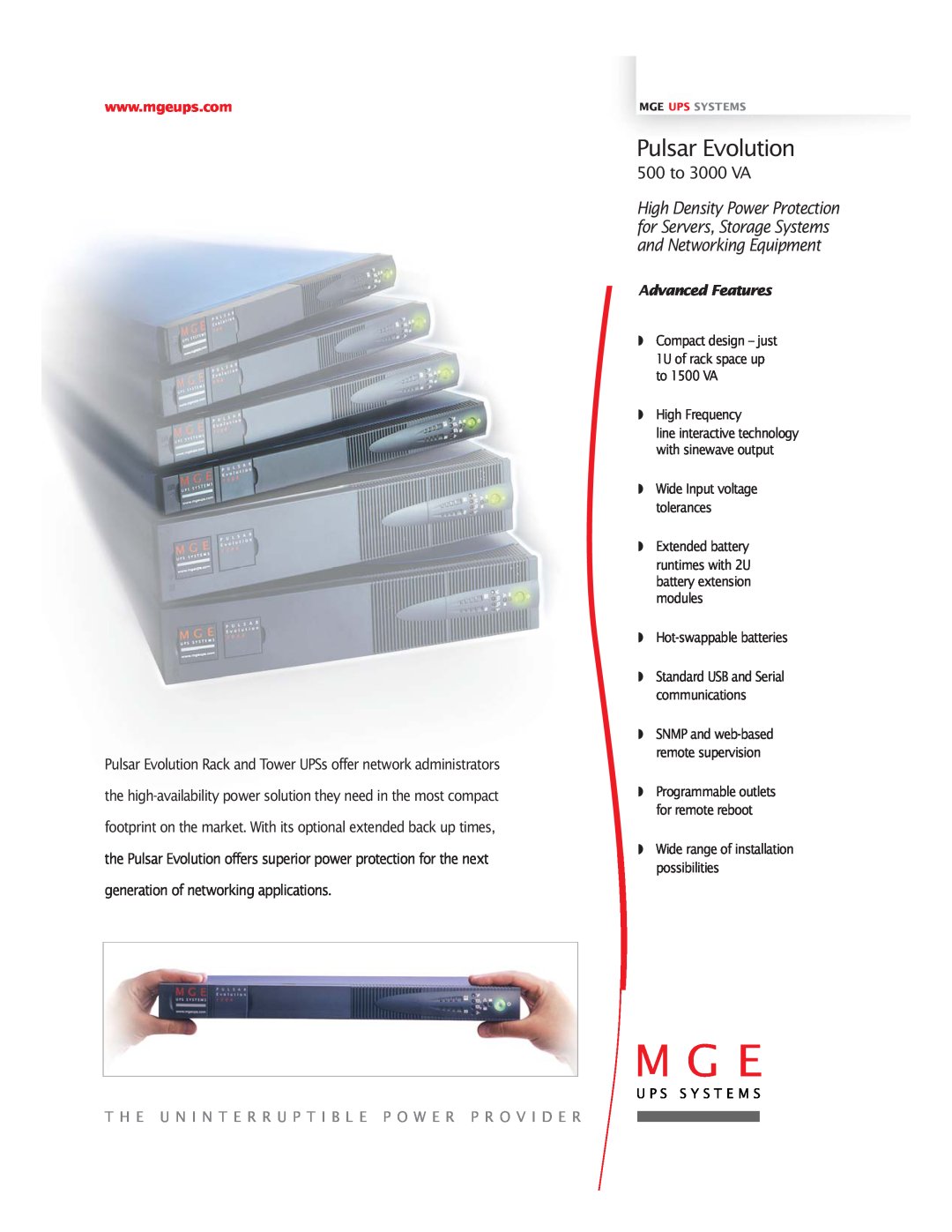 MGE UPS Systems Uninterruptible Power Provider manual Pulsar Evolution, 500 to 3000 VA, Advanced Features, High Frequency 