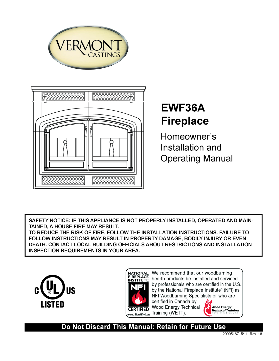 MHP manual EWF36A Fireplace, Homeowner’s Installation and Operating Manual 