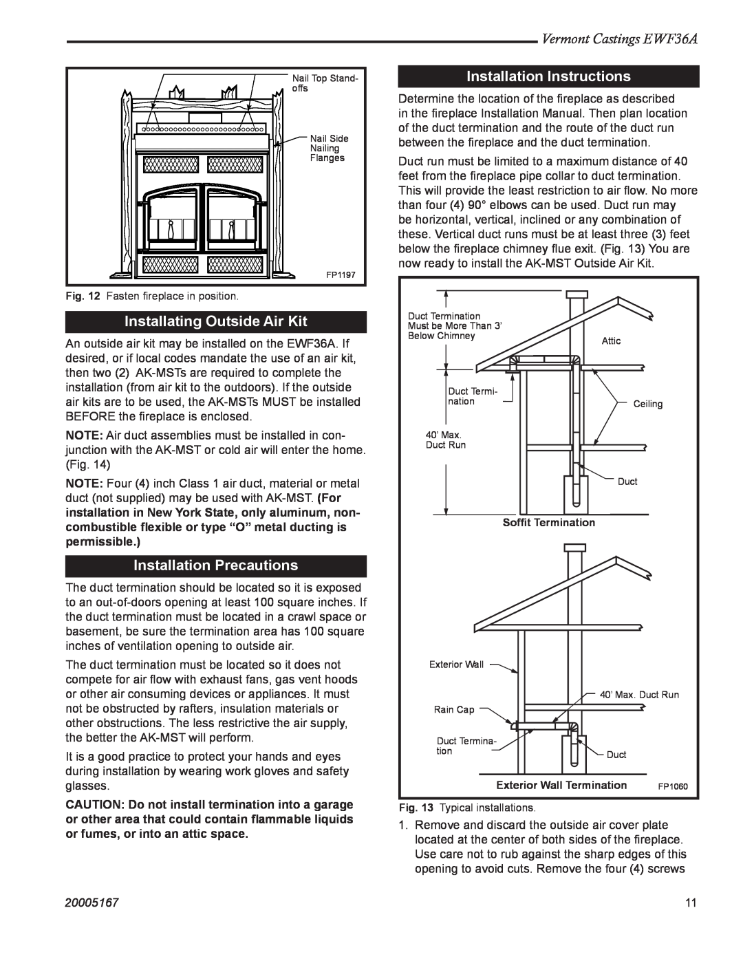 MHP manual Installation Instructions, Installating Outside Air Kit, Installation Precautions, Vermont Castings EWF36A 