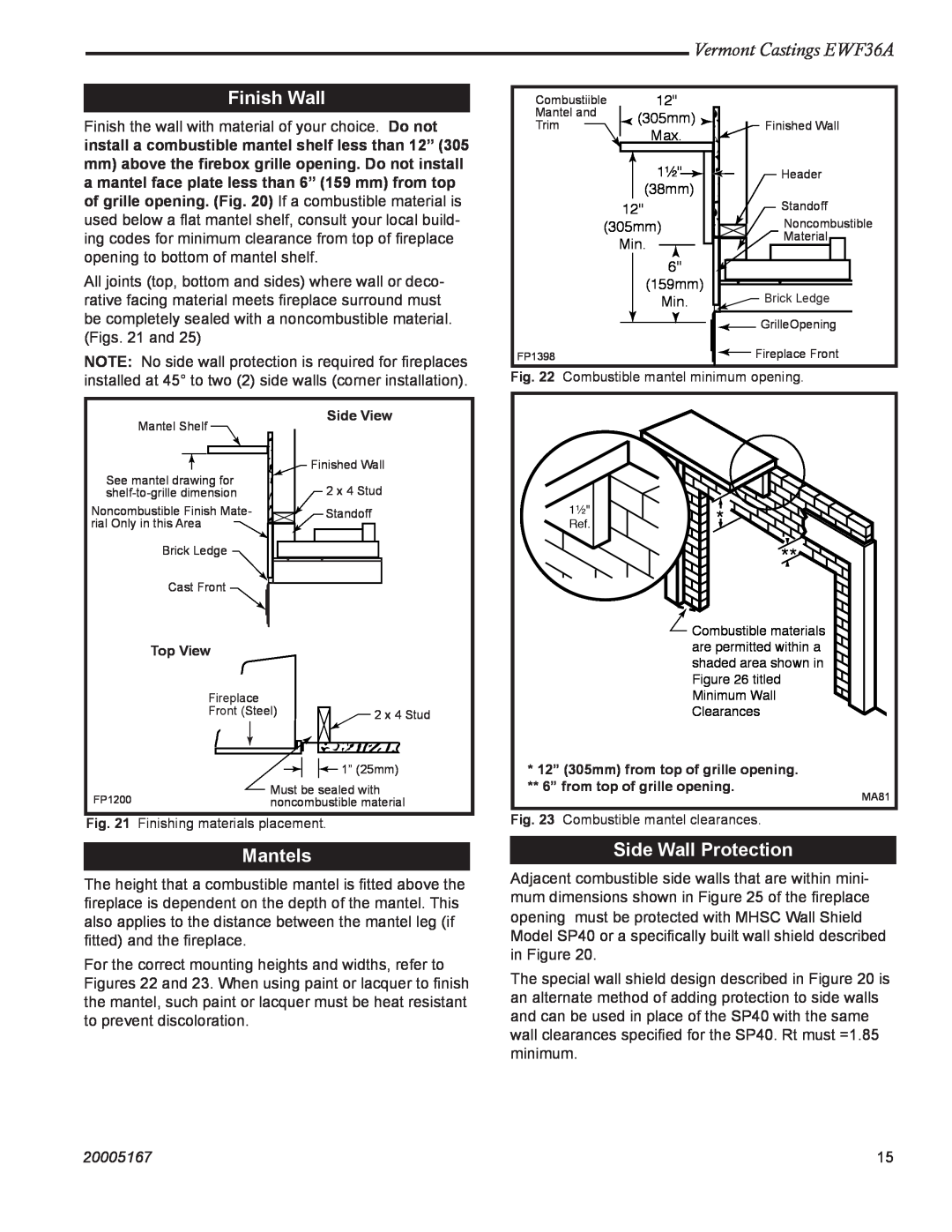 MHP manual Finish Wall, Mantels, Side Wall Protection, Vermont Castings EWF36A, 20005167 