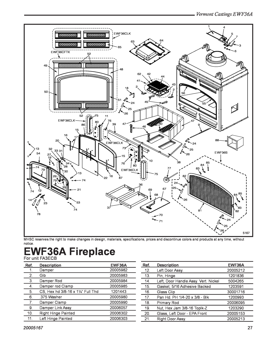 MHP manual EWF36A Fireplace, Vermont Castings EWF36A, 20005167, Description 
