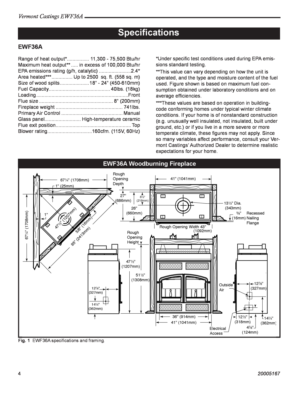 MHP manual Specifications, EWF36A Woodburning Fireplace, Vermont Castings EWF36A, 20005167 