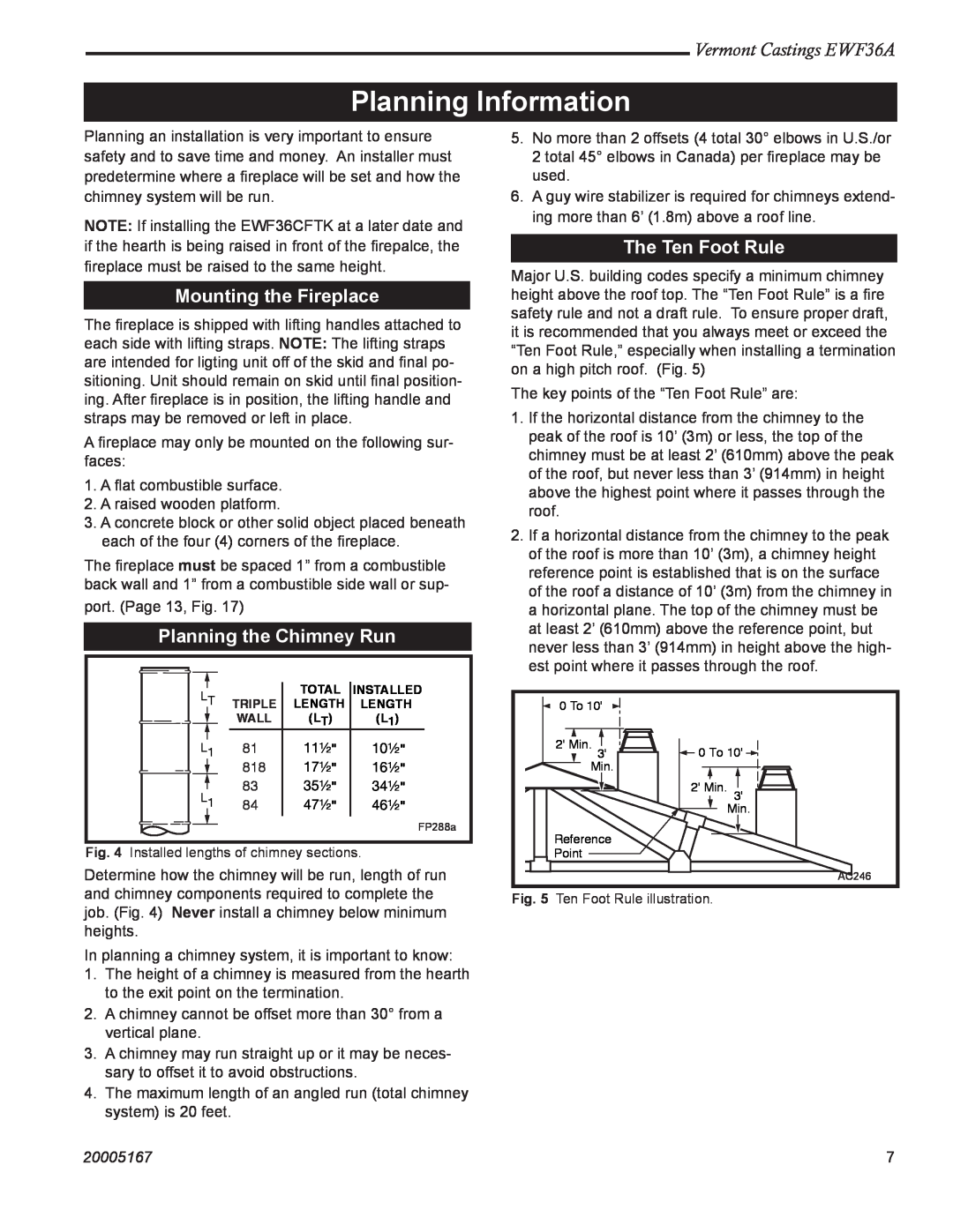 MHP EWF36A manual Planning Information, Mounting the Fireplace, Planning the Chimney Run, The Ten Foot Rule, 20005167 