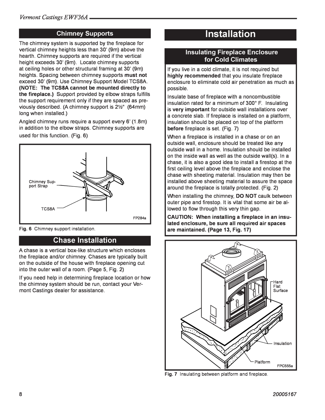 MHP EWF36A manual Chase Installation, Chimney Supports, Insulating Fireplace Enclosure for Cold Climates, 20005167 