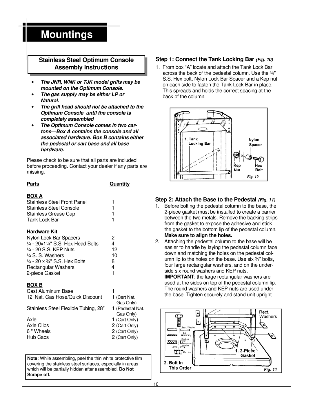 MHP TJK, WNK, JNR owner manual Stainless Steel Optimum Console Assembly Instructions, Connect the Tank Locking Bar Fig 