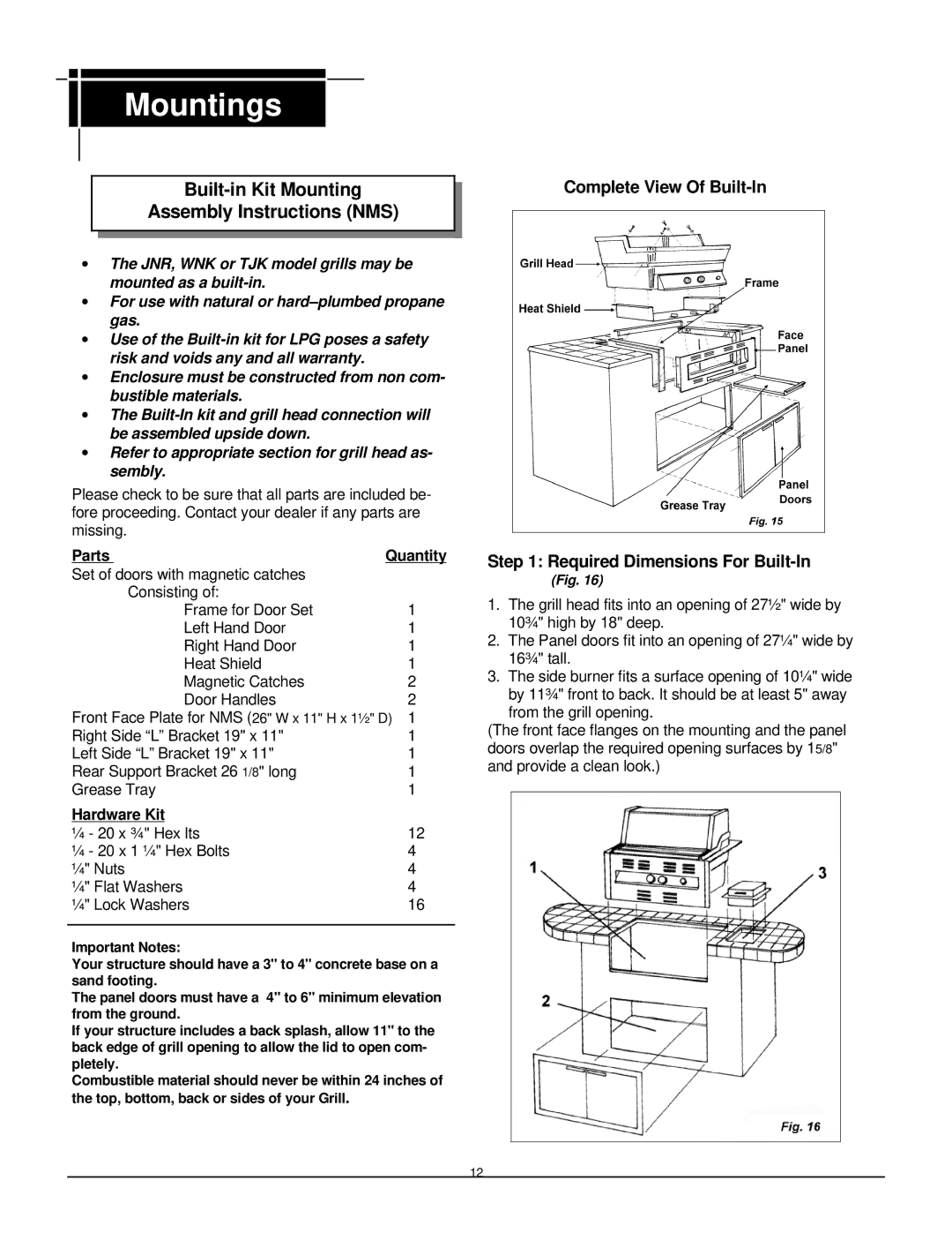 MHP WNK, TJK Built-in Kit Mounting Assembly Instructions NMS, Complete View Of Built-In Required Dimensions For Built-In 