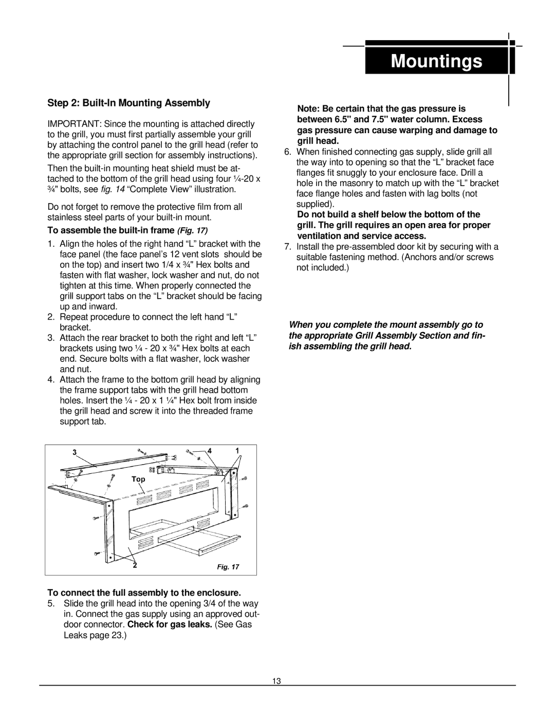 MHP TJK, WNK Built-In Mounting Assembly, To assemble the built-in frame Fig, To connect the full assembly to the enclosure 