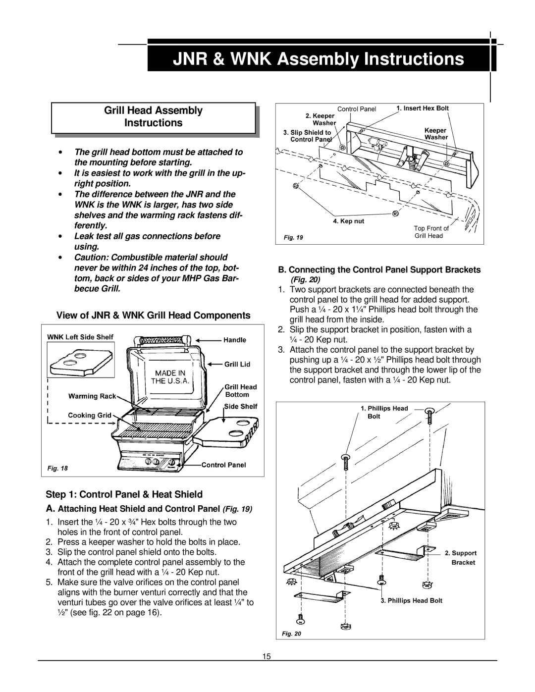 MHP WNK, TJK, JNR owner manual Grill Head Assembly Instructions, Attaching Heat Shield and Control Panel Fig 