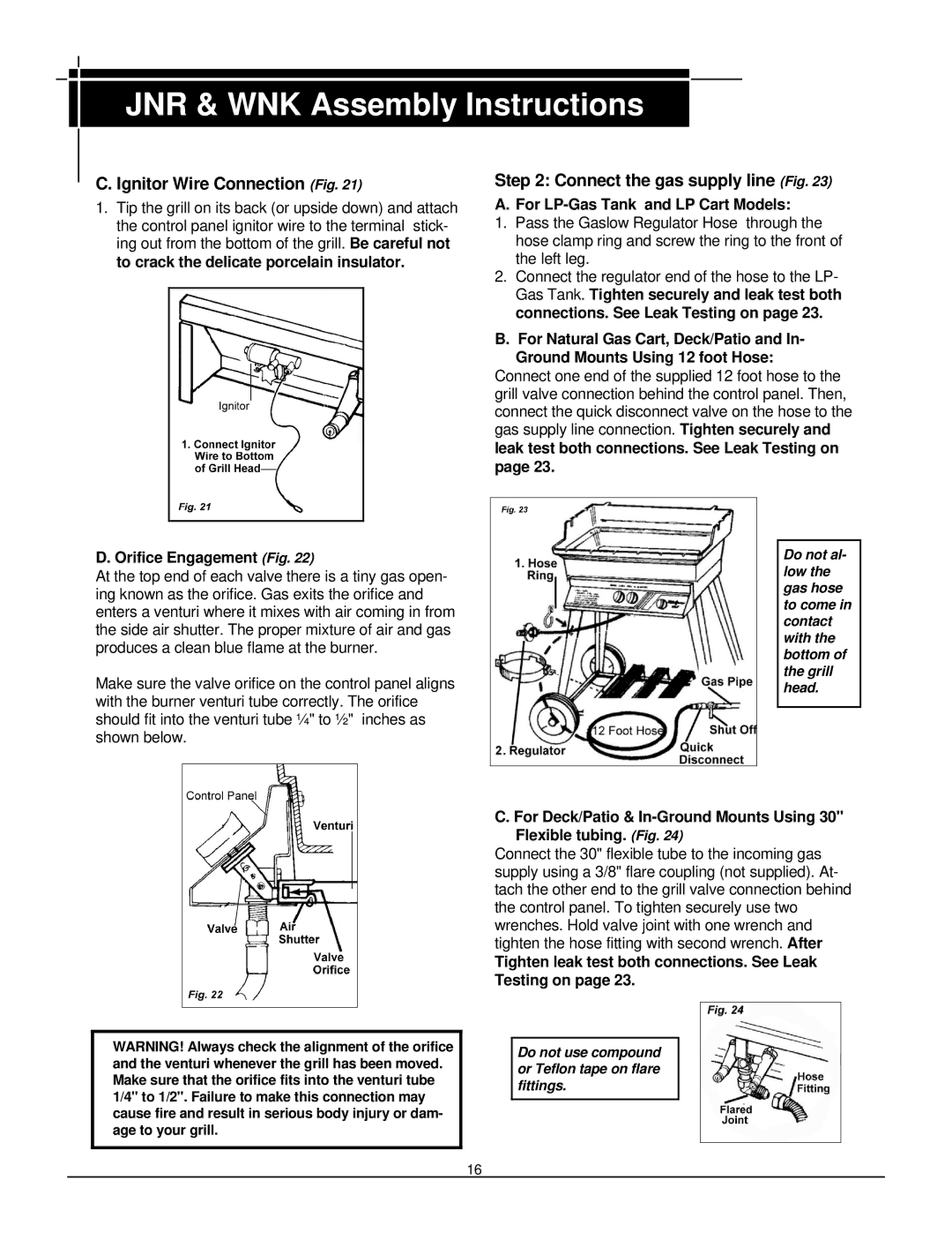 MHP TJK, WNK, JNR owner manual Ignitor Wire Connection Fig, Connect the gas supply line Fig, Orifice Engagement Fig 