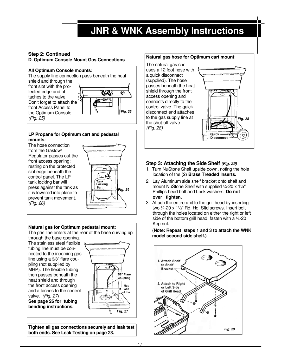 MHP JNR, WNK, TJK owner manual Step, Attaching the Side Shelf Fig, LP Propane for Optimum cart and pedestal mounts 