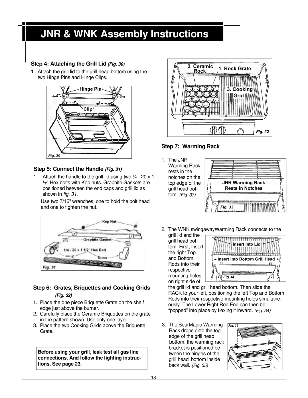 MHP WNK, TJK, JNR Attaching the Grill Lid Fig, Connect the Handle Fig, Grates, Briquettes and Cooking Grids, Warming Rack 