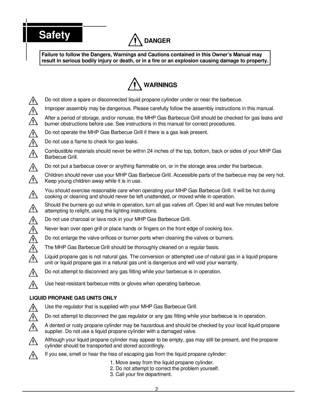 MHP JNR, WNK, TJK owner manual Safety, Liquid Propane GAS Units only 