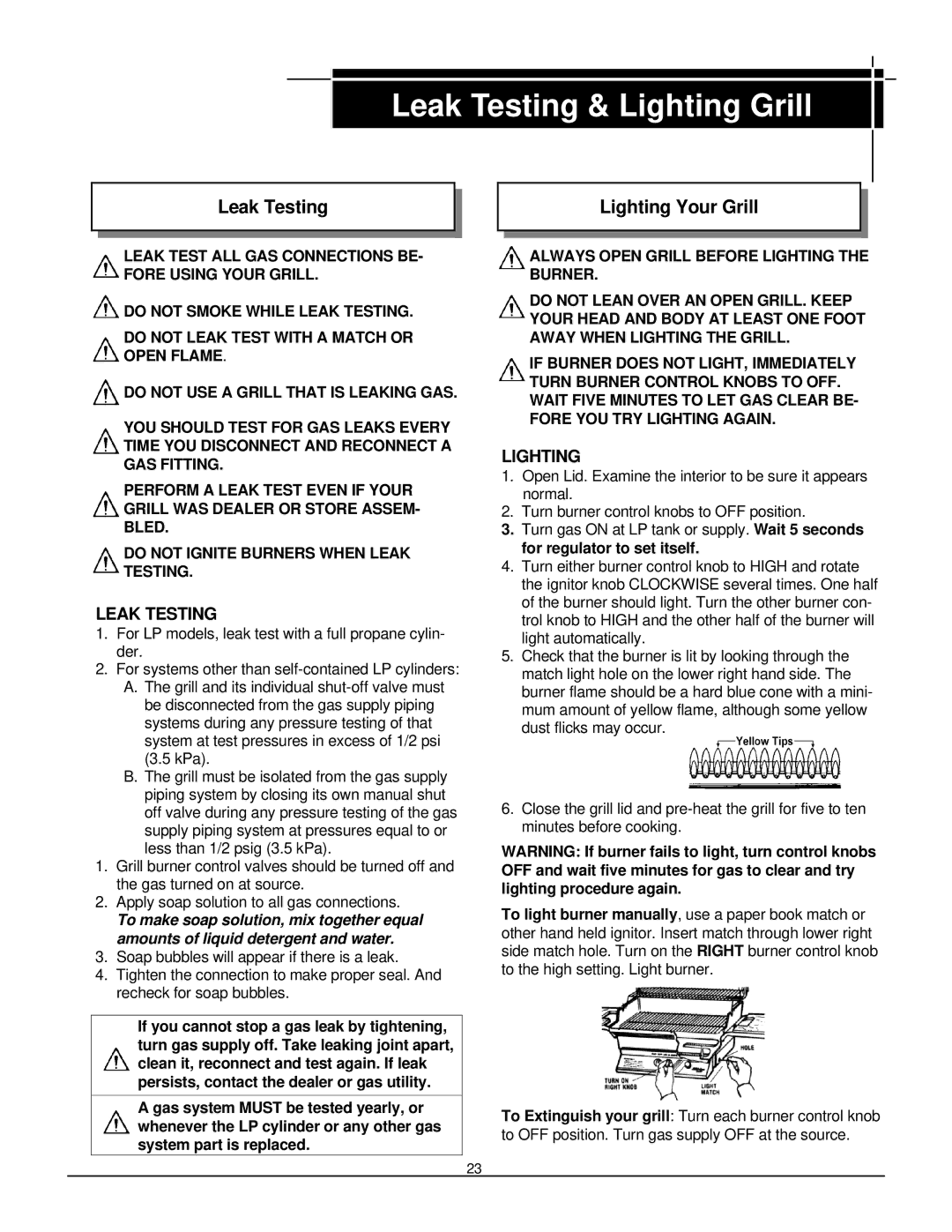 MHP JNR, WNK, TJK owner manual Leak Testing & Lighting Grill, Leak Testing Lighting Your Grill 