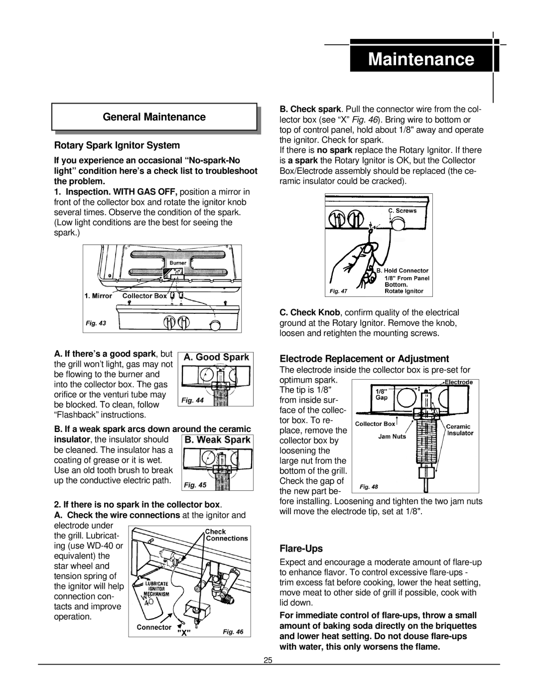 MHP TJK, WNK, JNR owner manual Rotary Spark Ignitor System, Electrode Replacement or Adjustment, Flare-Ups 