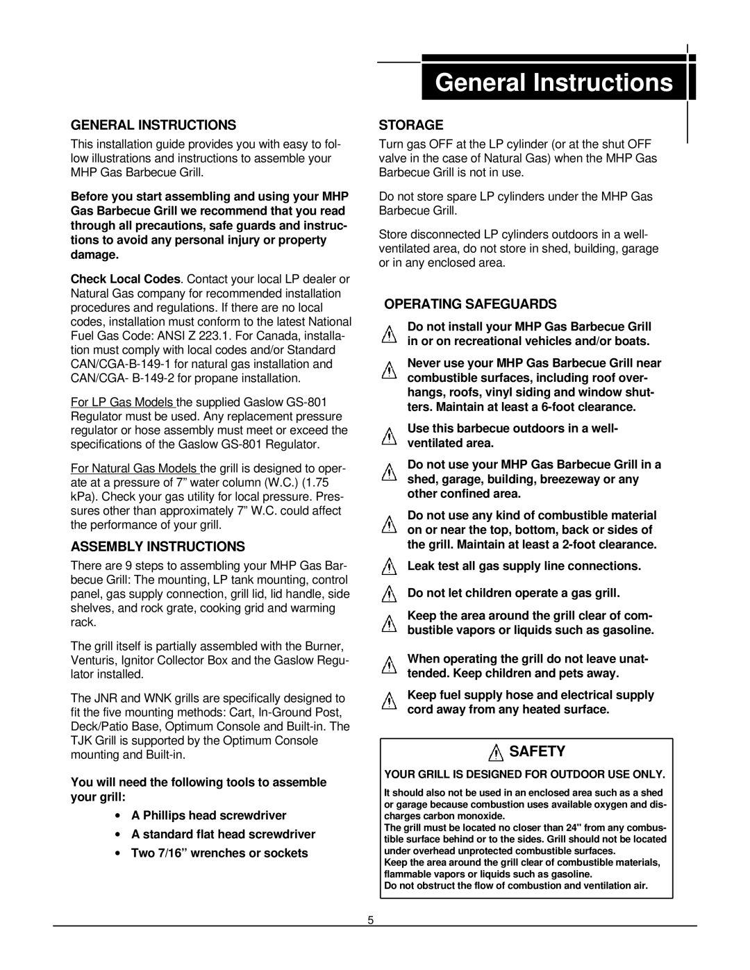 MHP JNR, WNK, TJK owner manual General Instructions, Safety 