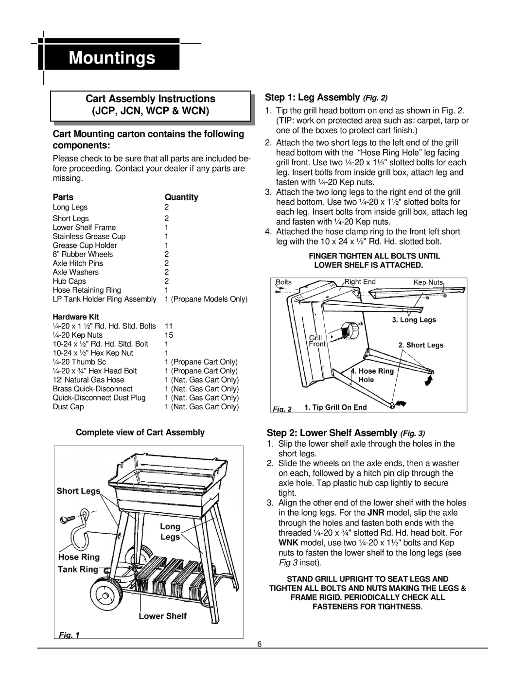 MHP WNK Mountings, Cart Assembly Instructions JCP, JCN, WCP & WCN, Cart Mounting carton contains the following components 