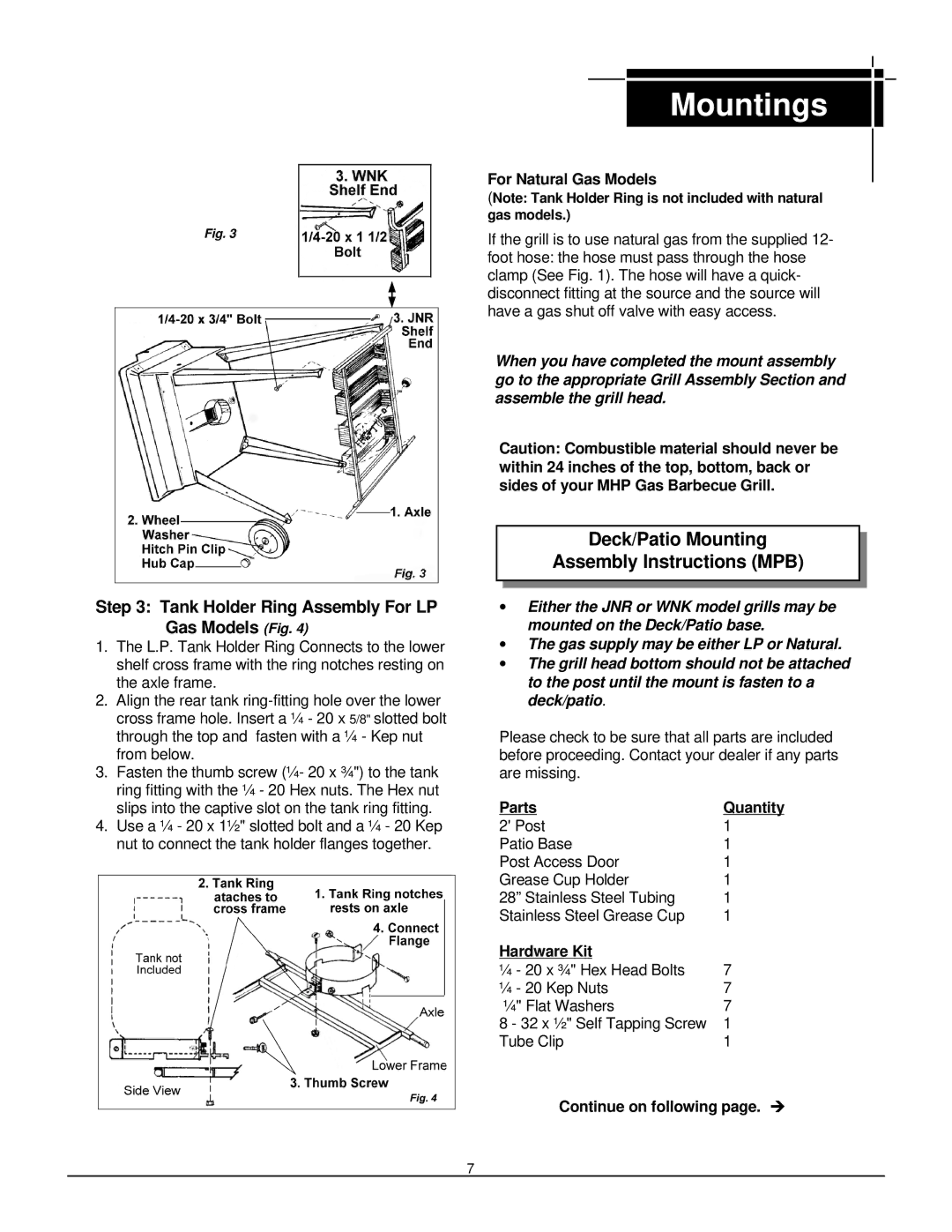 MHP TJK, WNK, JNR owner manual Deck/Patio Mounting Assembly Instructions MPB, Tank Holder Ring Assembly For LP Gas Models Fig 