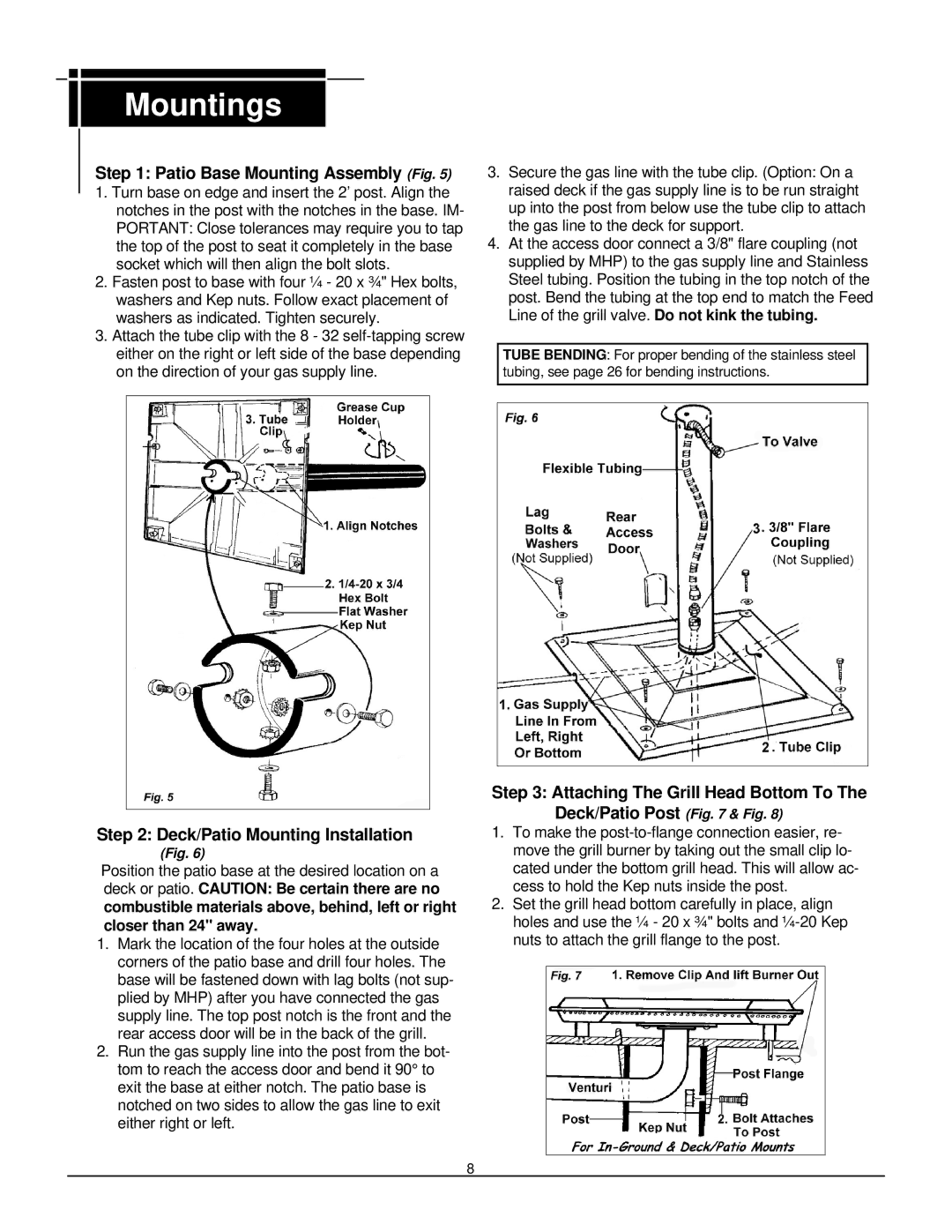 MHP JNR, WNK, TJK owner manual Patio Base Mounting Assembly Fig, Deck/Patio Mounting Installation 