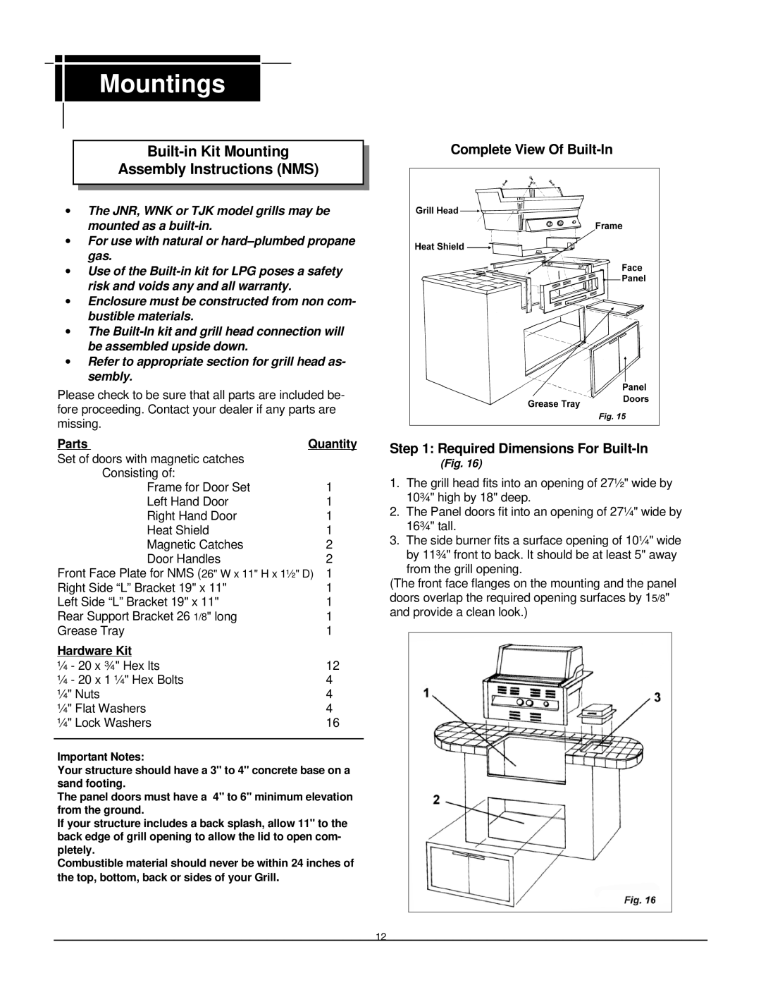 MHP WNK Built-in Kit Mounting Assembly Instructions NMS, Complete View Of Built-In Required Dimensions For Built-In, Parts 