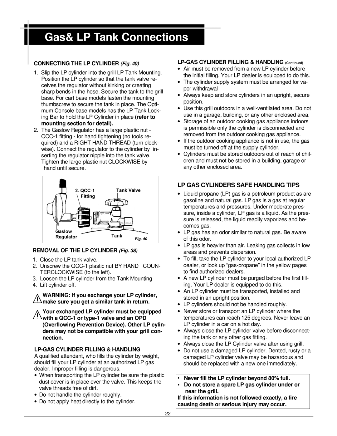MHP TJK, WNK, JNR owner manual Gas& LP Tank Connections, Lp Gas Cylinders Safe Handling Tips, CONNECTING THE LP CYLINDER Fig 