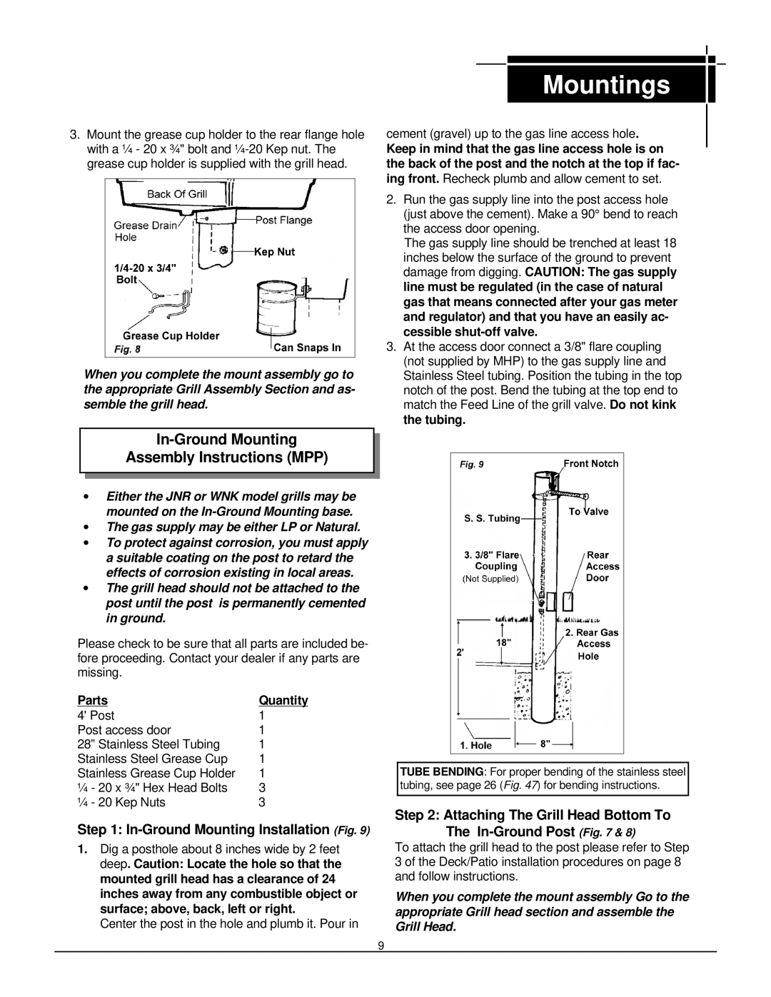 MHP WNK In-Ground Mounting Assembly Instructions MPP, Attaching The Grill Head Bottom To The In-Ground Post, Mountings 