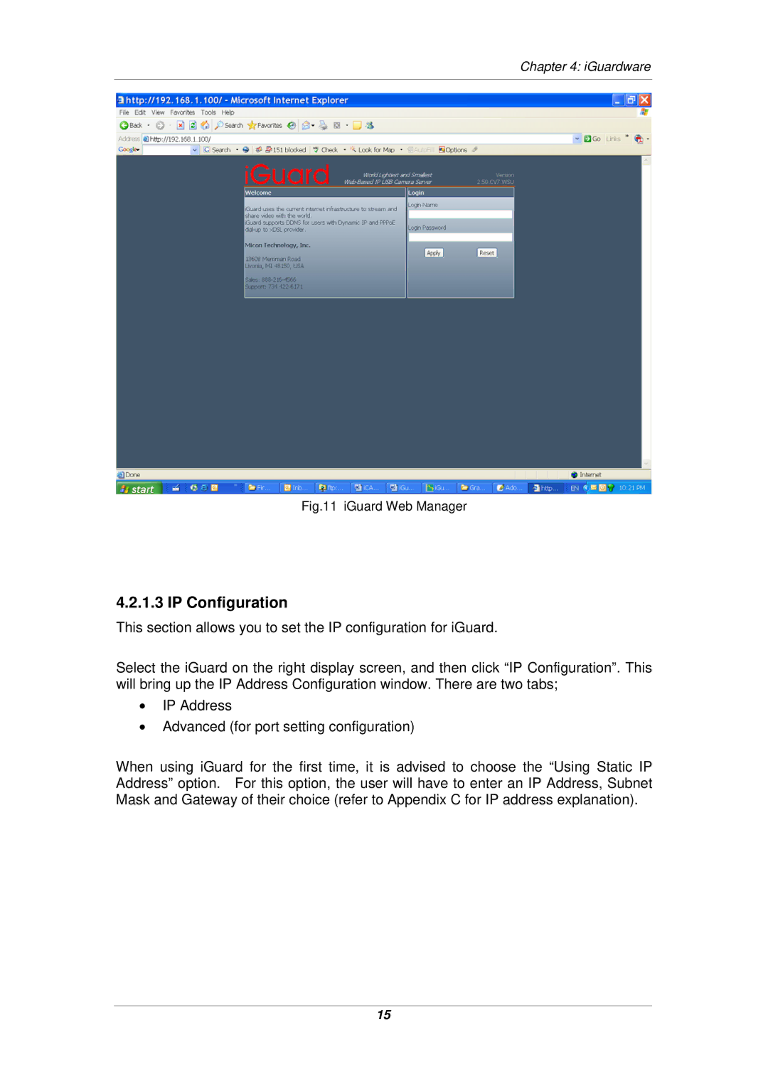 Micon IP-220E manual IP Configuration, IGuard Web Manager 