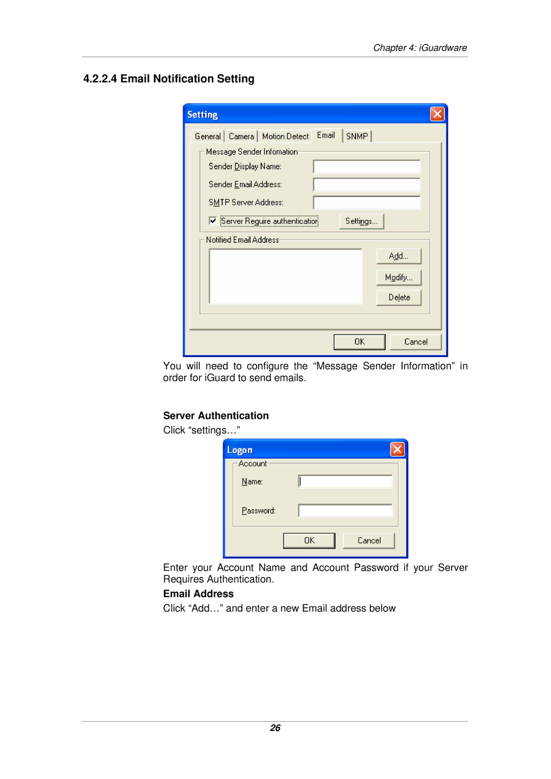 Micon IP-220E manual Email Notification Setting, Server Authentication, Email Address 