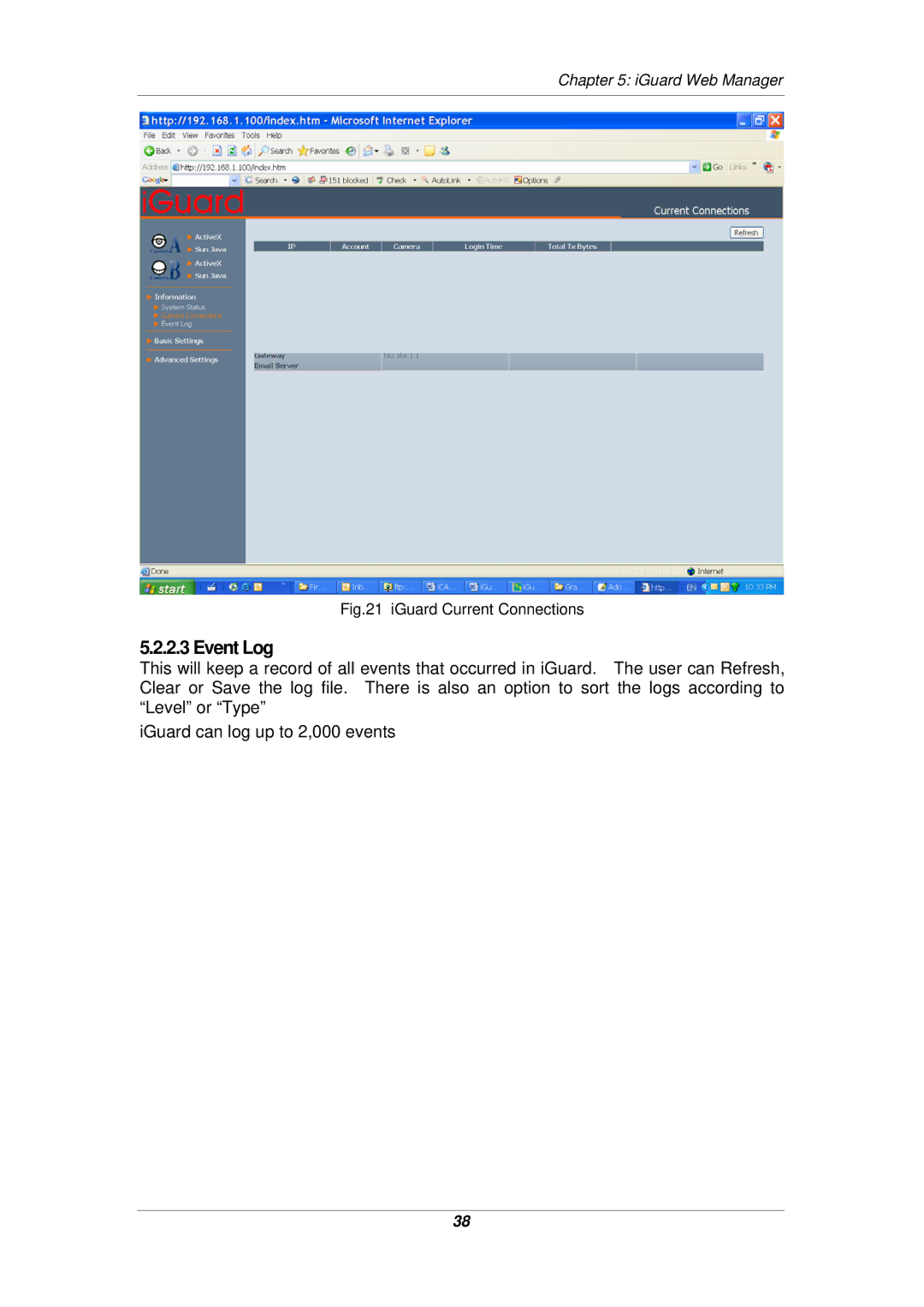 Micon IP-220E manual Event Log, IGuard Current Connections 