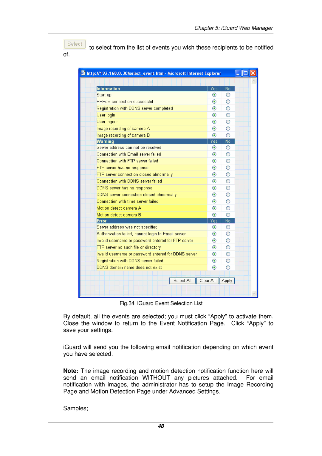 Micon IP-220E manual IGuard Event Selection List 