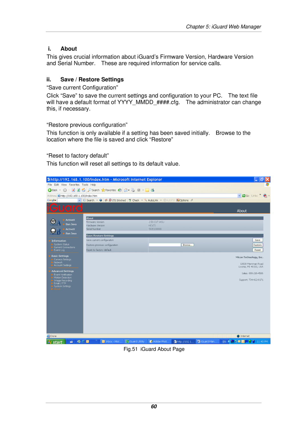 Micon IP-220E manual About, Ii. Save / Restore Settings Save current Configuration 