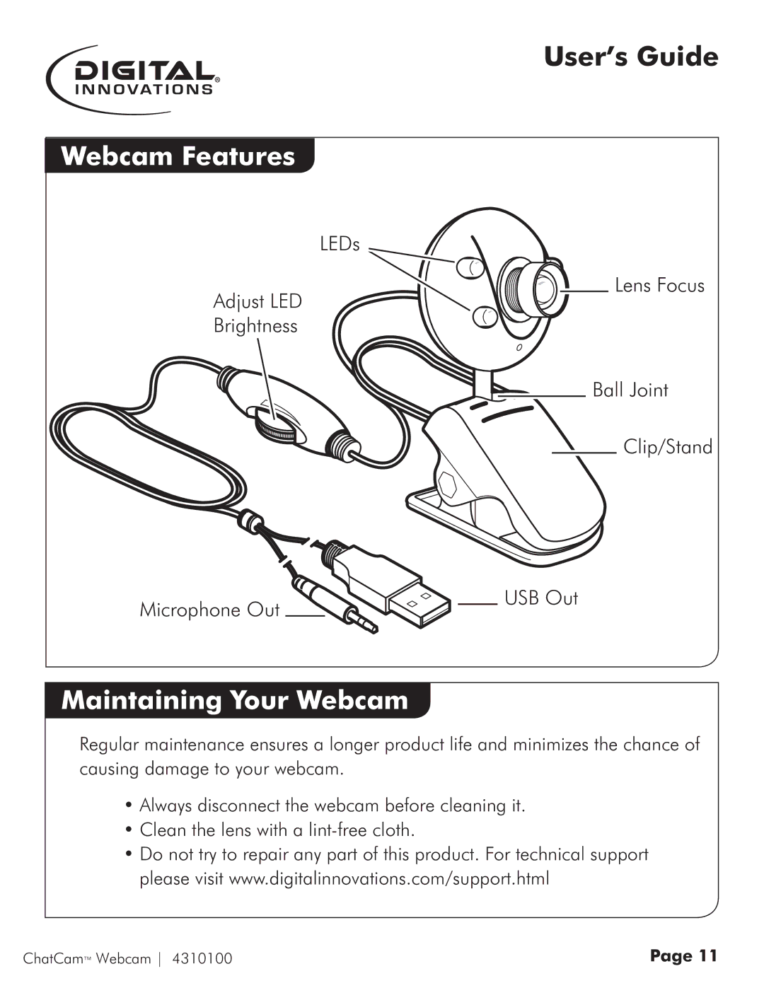 Micro Innovations 4310100 quick start Webcam Features, Maintaining Your Webcam 