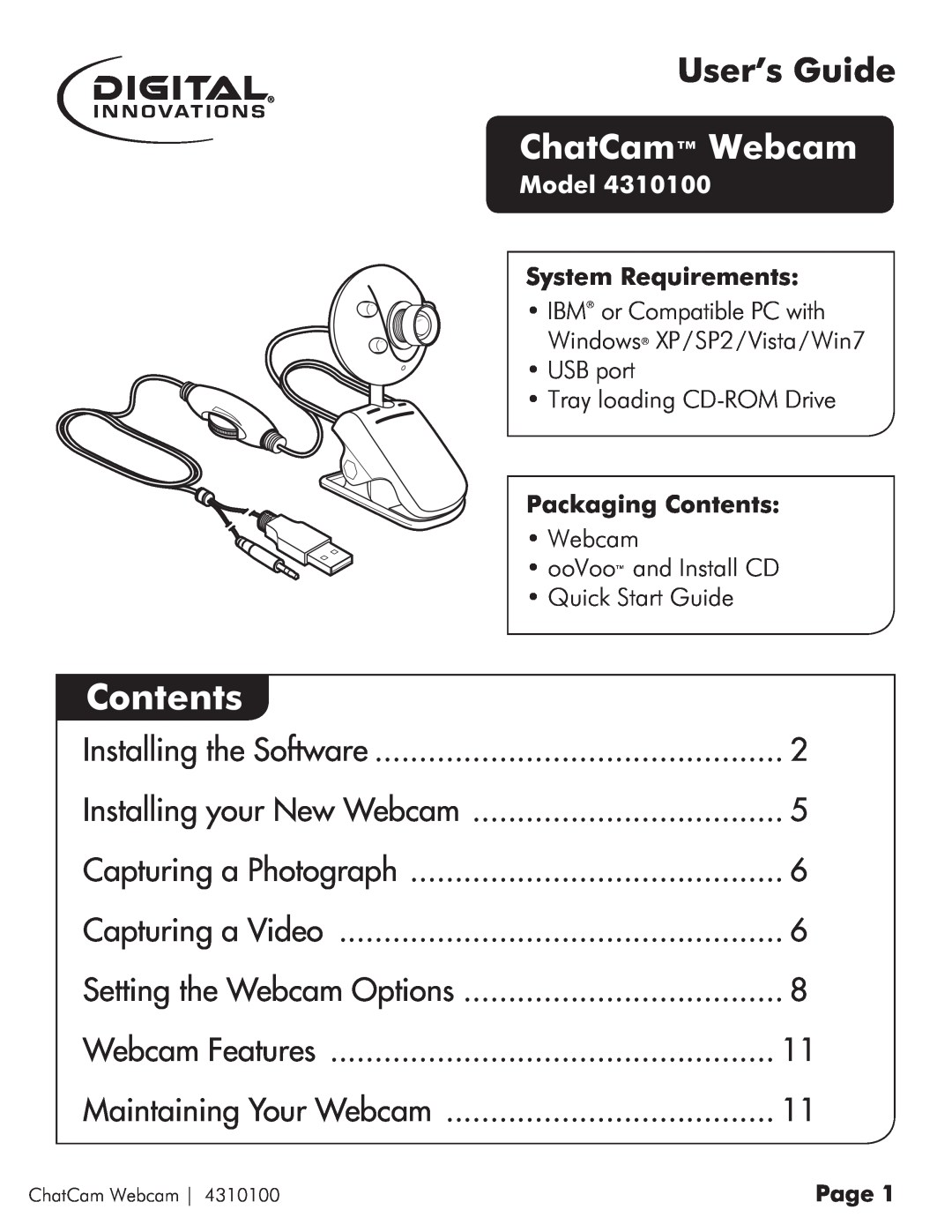 Micro Innovations 4310100 quick start User’s Guide, ChatCam Webcam, Contents, Installing the Software, Capturing a Video 