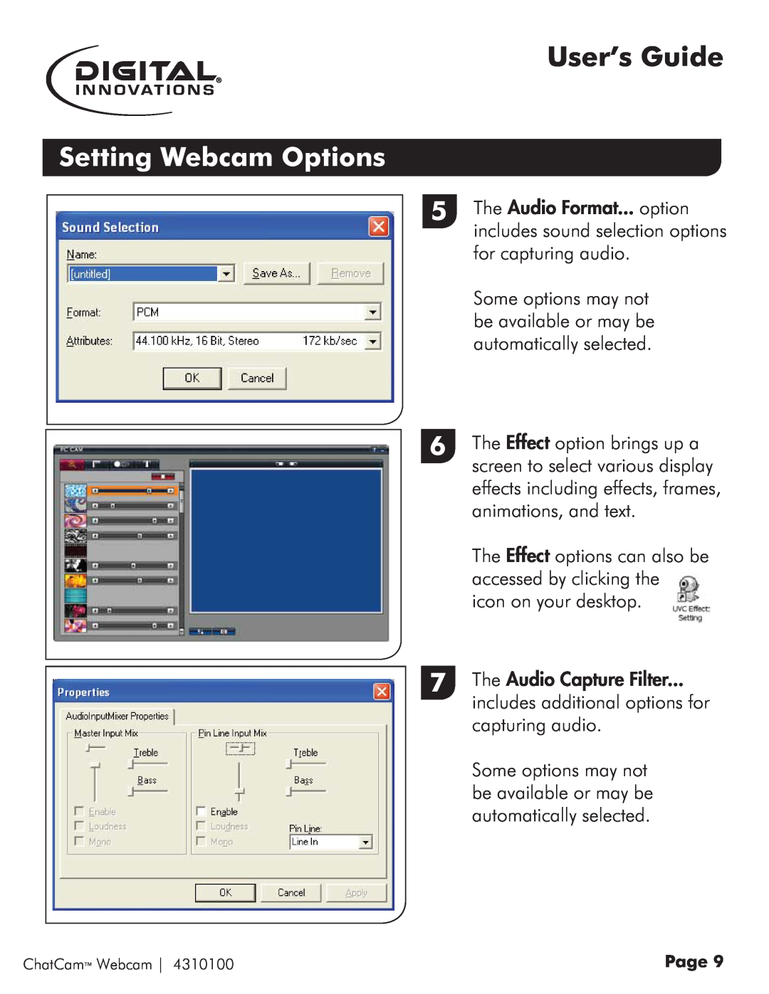 Micro Innovations 4310100 quick start User’s Guide, Setting Webcam Options, The Audio Capture Filter 