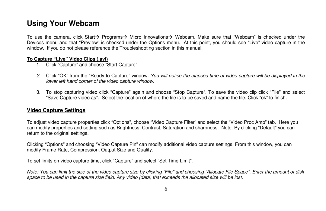 Micro Innovations IC435C user manual Using Your Webcam, To Capture Live Video Clips .avi 