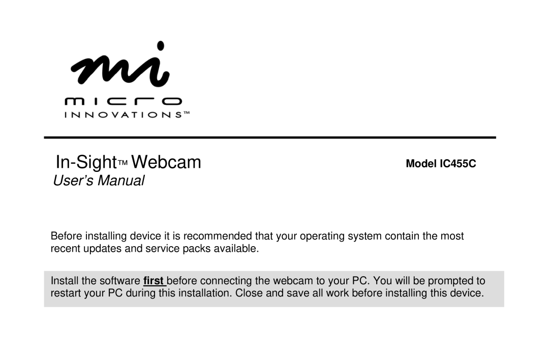 Micro Innovations IC455C user manual In-Sight Webcam 