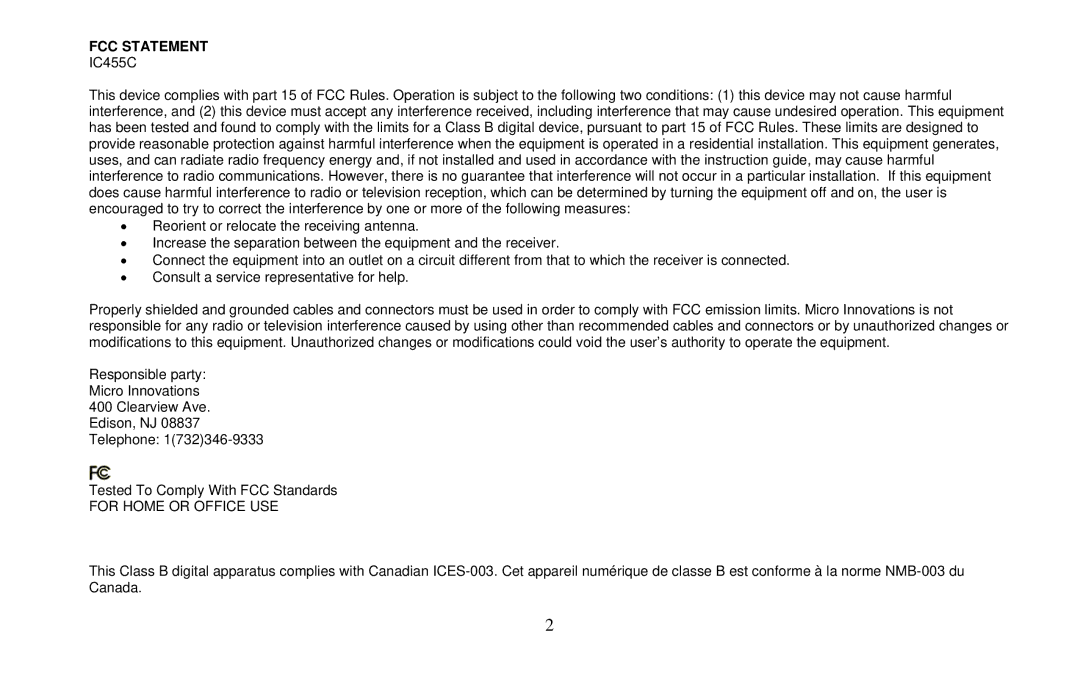 Micro Innovations IC455C user manual FCC Statement 