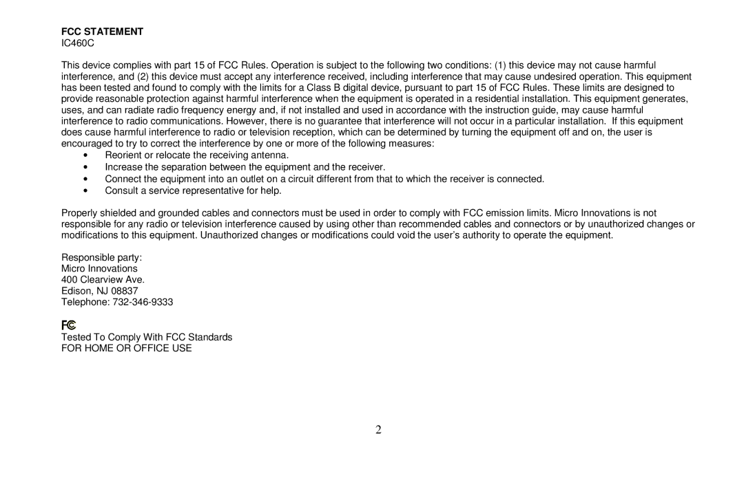 Micro Innovations IC460C user manual FCC Statement 