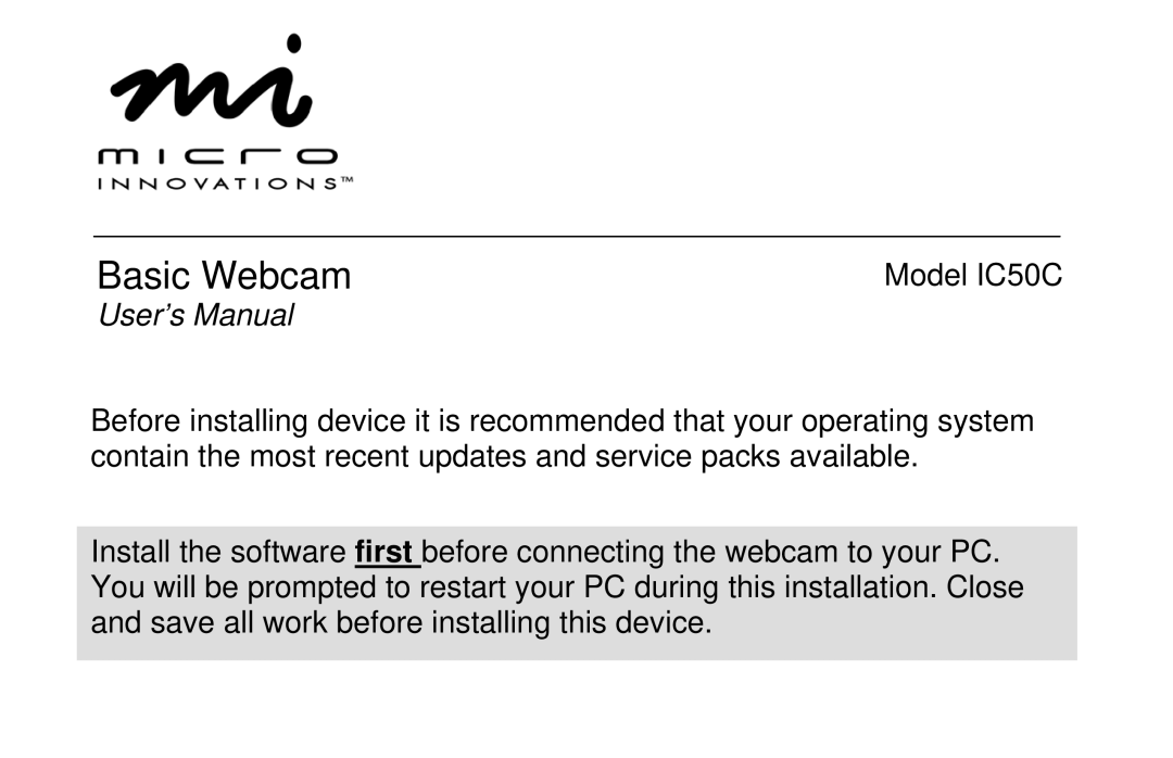 Micro Innovations IC50C user manual Basic Webcam 