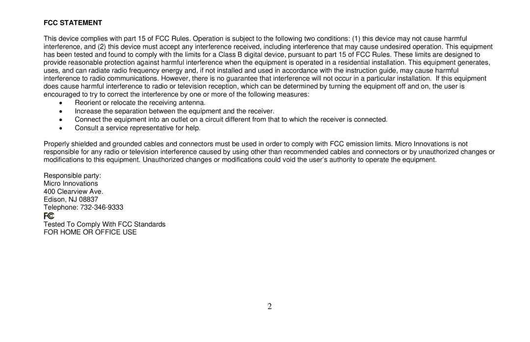 Micro Innovations IC50C user manual FCC Statement 