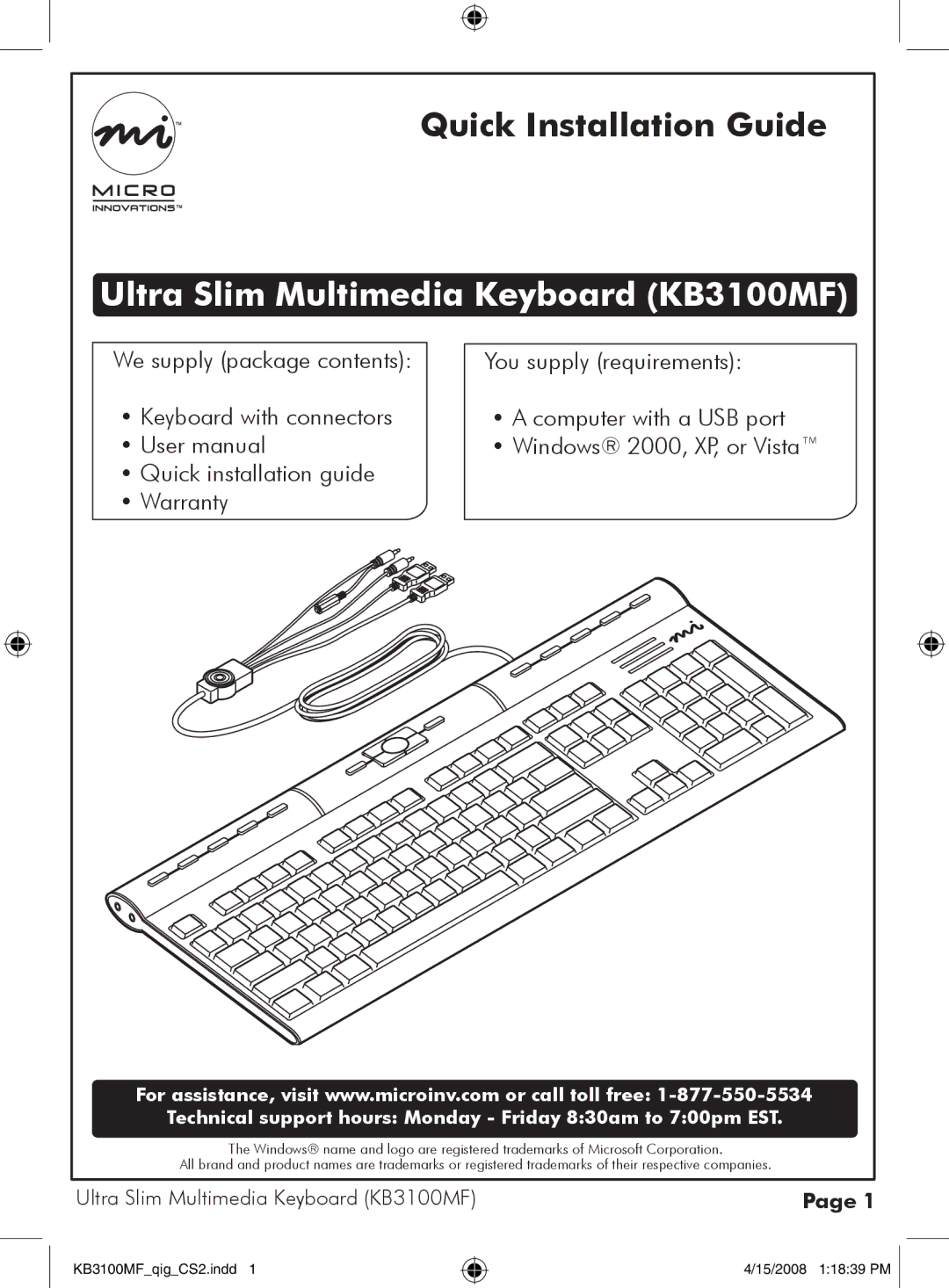 Micro Innovations user manual Ultra Slim Multimedia Keyboard KB3100MF, Quick installation guide Warranty 