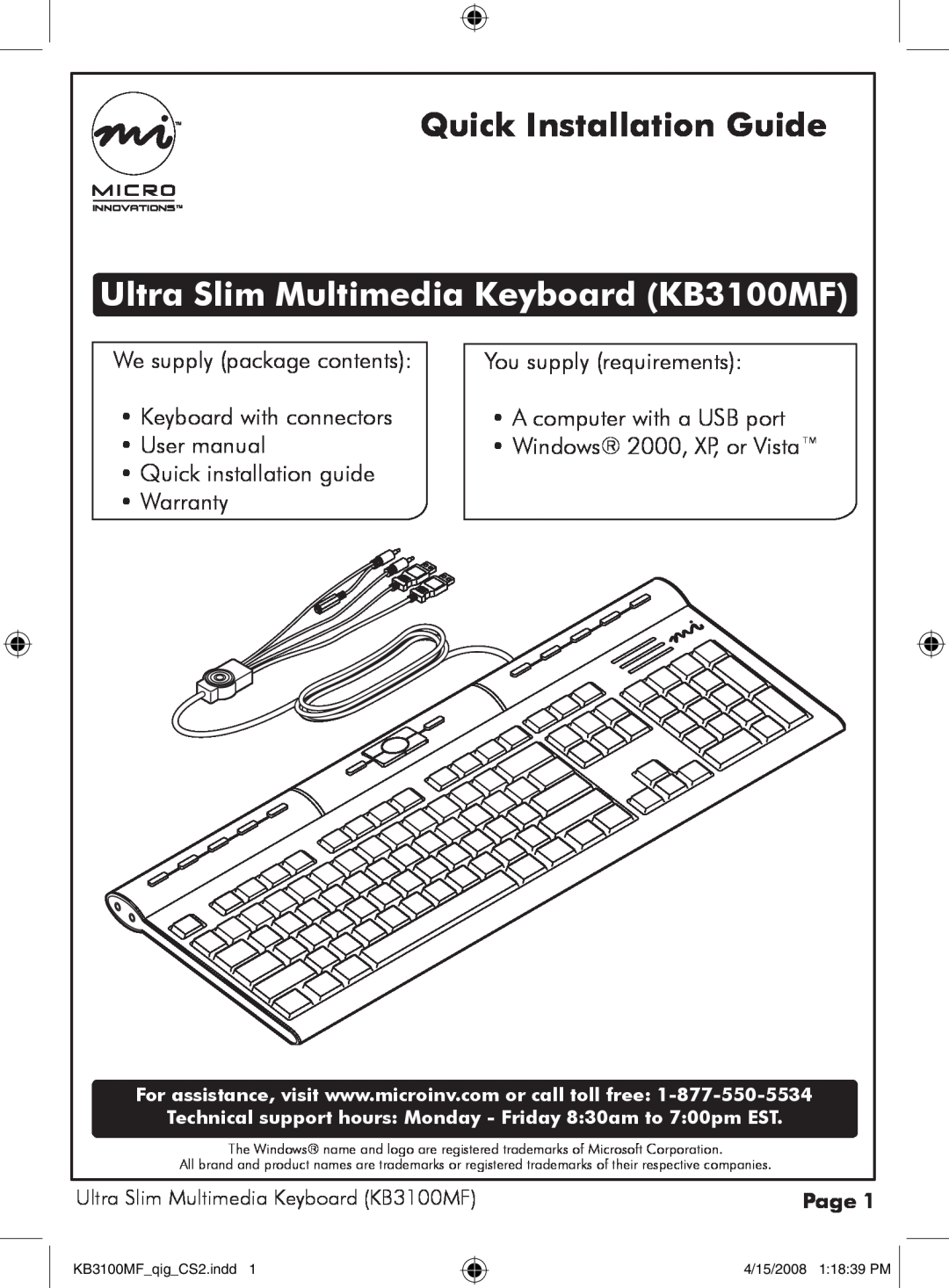 Micro Innovations user manual Quick Installation Guide, Ultra Slim Multimedia Keyboard KB3100MF, Page 