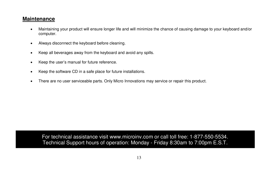 Micro Innovations KB565BL user manual Maintenance 