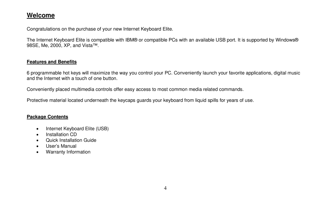 Micro Innovations KB565BL user manual Welcome, Features and Benefits 