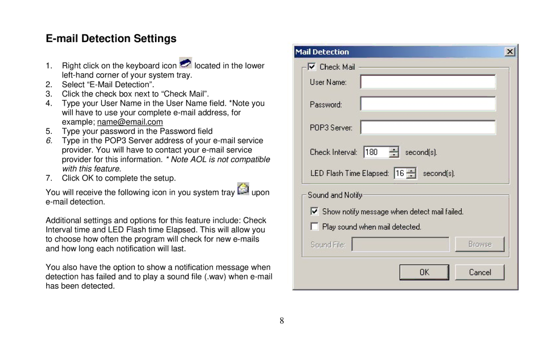 Micro Innovations KB565BL user manual Mail Detection Settings 