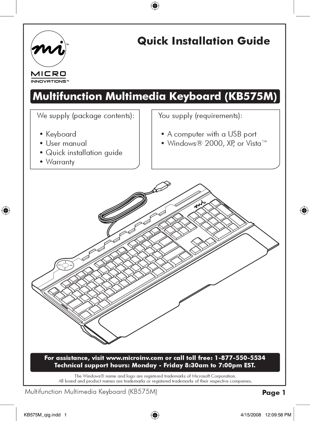 Micro Innovations user manual Multifunction Multimedia Keyboard KB575M, Quick installation guide Warranty 